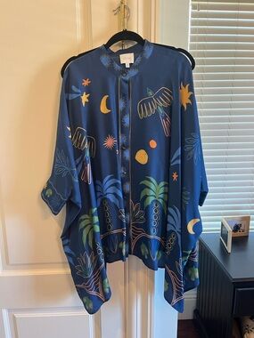 Johnny Was Jade Blue Tropical Print Wide Leg Pantsuit with Asymmetrical Top
